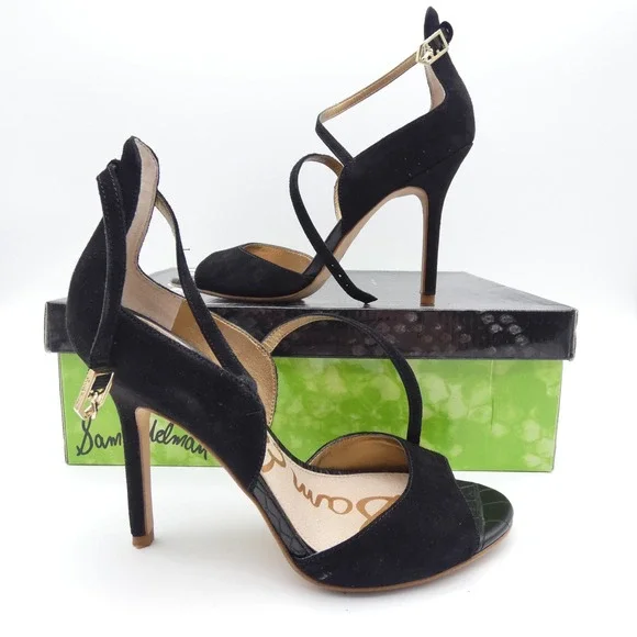 Sam Edelman Audrey Black Suede Ankle Strap Stiletto Heels Size 6.5 M E1025L1001 - Picture 1 of 7